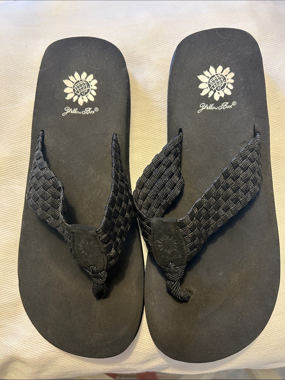 Yellow Box Black Braided Strap Flip Flop Sandals